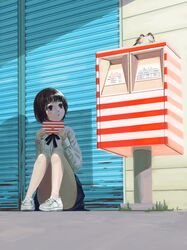  1girl absurdres black_eyes black_hair blue_skirt day envelope highres holding holding_envelope jewelry necklace okura_lino on_ground original outdoors postbox_(outgoing_mail) scenery shadow shirt shoes sitting skirt sneakers solo white_footwear white_shirt 