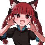  1girl :d aki_inu animal_ear_fluff animal_ears black_bow black_dress blush bow braid cat_ears claw_pose dress extra_ears fang hair_bow kaenbyou_rin long_hair looking_at_viewer open_mouth red_eyes red_nails redhead short_sleeves simple_background skin_fang slit_pupils smile solo touhou twin_braids upper_body white_background 