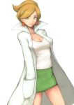  absurdres araragi_(pokemon) breasts brown_hair cleavage earrings green_eyes hand_in_pocket highres jewelry labcoat pokemon pokemon_(game) pokemon_bw popped_collar short_hair simple_background skirt smile solo suzuki_(pixiv1277943) white_background 