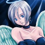  blue_eyes breasts chinyan choker cleavage dragon_quest dragon_quest_ix earrings halo jewelry raviel short_hair silver_hair solo wings 