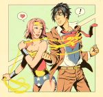  black_hair cosplay crossover dc_comics green_eyes halftone haruno_sakura heart naruto necktie pet pink_hair rope samurai-pet superman superman_(cosplay) uchiha_sasuke wonder_woman wonder_woman_(cosplay) 