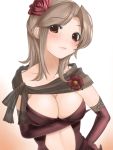  breast_hold breasts brown_eyes cleavage dress elbow_gloves flower gloves hair_flower hair_ornament hand_on_hip head_tilt kinugasa_yuuichi large_breasts light_brown_hair lowres mole original rose see-through simple_background solo 