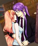  1girl couple formal glasses kamui_gakupo megurine_luka ohse pink_hair purple_hair suit suits vocaloid 