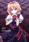  blonde_hair blue_eyes character_name checkered fingerless_gloves gloves hairband highres solo tooya touhou touya_(the-moon) 