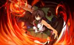  alternate_weapon arm_cannon bare_shoulders black_hair bow breasts brown_eyes eyes fire hair_bow large_breasts long_hair nasudora reiuji_utsuho sleeveless solo touhou weapon wings 