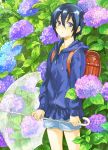  bag blue_hair flower hoodie hydrangea original randoseru sakamoto_atsumu short_hair shorts solo transparent_umbrella umbrella wet 