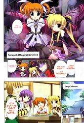  are_you_my_master blonde_hair blue_eyes brown_eyes brown_hair crossover fate fate/stay_night fate_(series) fate_testarossa fujimura_taiga hard_translated highres magical_girl mahou_shoujo_lyrical_nanoha mahou_shoujo_lyrical_nanoha_the_movie_1st matou_sakura purple_hair red_eyes red_hair ribbon takamachi_nanoha testarossa thighhighs toosaka_rin tosaka_rin translated tsuzuki_maki type-moon 