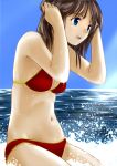  arms_up bikini blue_eyes brown_hair dokkn highres original short_hair solo splash swimsuit 