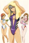  breasts casual_one-piece_swimsuit cleavage cleavage_cutout competition_swimsuit drying endou_lorna ex-driver goggles goggles_on_head happy highres kazama_rei one-piece_swimsuit sakakino_lisa scan smile swim_cap swimsuit towel water_gun wince 