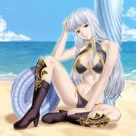  bikini boots breasts cleavage cleavage_cutout high_heels large_breasts legs long_hair ocean red_eyes selvaria_bles senjou_no_valkyria shoes silver_hair sitting solo spread_legs swimsuit thighs tonbidou umbrella 