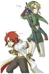  back-to-back blonde_hair blue_eyes character_name crossover earrings gloves hat jewelry link luke_fon_fabre male master_sword multiple_boys nintendo pointy_ears red_hair redhead sheath sheathed sword tales_of_(series) tales_of_the_abyss the_legend_of_zelda weapon white_background 
