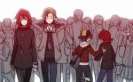 2boys 4boys adult alternate_costume androgynous bag black_hair crowd dual_persona glasses gold_(pokemon) gold_(pokemon)_(classic) gold_(pokemon)_(remake) hat multiple_boys pokemon pokemon_(game) pokemon_gsc red_hair redhead silver_(pokemon) silver_(pokemon)_(classic) silver_(pokemon)_(remake) verus 