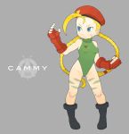  blue_eyes boots braid cammy_white capcom chiyomaru fingerless_gloves gloves hat leotard long_hair scar solo street_fighter street_fighter_ii twin_braids 