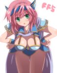  blush breasts cape cleavage dragoon final_fantasy final_fantasy_v green_eyes hands_on_hips large_breasts leaning_forward lenna_charlotte_tycoon minnku open_mouth pink_hair short_hair title_drop 