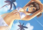  arms_up bangs bikini blue_eyes brown_hair cloud clouds dutch_angle front-tie_top k+ lips palm_tree side-tie_bikini sky smile swimsuit tree white_bikini 