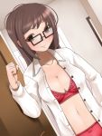  bra breasts cleavage doorway glasses kinugasa_yuuichi knocking large_breasts lingerie lowres multicolored_eyes navel open_clothes open_shirt original panties shirt smile solo standing underwear 