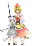  animal_ears blonde_hair dowsing_rod gogo/tad grey_hair hair_ornament jewelry kemonomimi_mode mouse mouse_ears mouse_tail multiple_girls nazrin pendant polearm short_hair smile spear tail tiger_tail toramaru_shou touhou traditional_media watercolor_(medium) weapon 