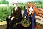  animal_ears basket black_eyes brown_hair cart craft_lawrence detexted food highres holo jacket leaf long_hair open_mouth red_eyes sasaki_masashi short_hair silver_hair spice_and_wolf very_long_hair vest 