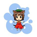  brown_eyes brown_hair cat_ears cat_tail chen chibi dora_e earrings hat jewelry multiple_tails short_hair solo tail touhou 
