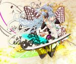  barefoot blue_hair bridal_gauntlets bridget00747 butterfly_wings closed_eyes flower hatsune_miku hatsune_miku_(append) highres long_hair miku_append necktie piano_keys smile solo thigh-highs thighhighs twintails very_long_hair vocaloid vocaloid_append wings 