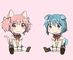  2girls animal_ears blue_eyes blue_hair blush_stickers cat_ears cat_tail dog_ears dog_tail hair_ornament hair_ribbon hairclip kaname_madoka kemonomimi_mode mahou_shoujo_madoka_magica miki_sayaka multiple_girls pink_eyes pink_hair ribbon school_uniform short_hair short_twintails sitting smile tail thigh-highs twintails yoplait 