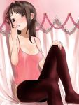  brown_hair camisole cleavage finger_to_mouth hands_on_knees kinugasa_yuuichi leg_up lowres multicolored_eyes nail_polish original see-through sitting solo thigh-highs thighhighs 