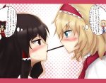  blonde_hair blue_eyes blush brown_eyes brown_hair ginmoku_poshi hairband hakurei_reimu pocky pocky_kiss poshi_(ginmokusei) shared_food short_hair sweat touhou translated translation_request yuri 