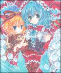  blonde_hair blue_eyes blue_hair blush bow dress flower frills front_ponytail green_eyes green_hair hair_bow hair_ribbon hug kagiyama_hina lily_of_the_valley marker_(medium) medicine_melancholy paint_(medium) pekopokox ribbon shikishi short_hair smile su-san touhou traditional_media 