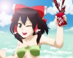  artist_request bandeau bikini_top breasts dr_pepper drink hakurei_reimu jeno lens_flare o-ring_top product_placement ribbon sky soda_can solo swimsuit touhou underboob wink 