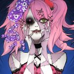  al_bhed_eyes bare_shoulders black_sclera bleeding blood candy candy_addict_full_course_(vocaloid) choker dot_nails hair_ornament hairclip hands_on_face hatsune_miku heterochromia imuri_polka nail_polish open_mouth pink_eyes pink_hair simensoka stitches strawberry twintails vocaloid yellow_eyes 