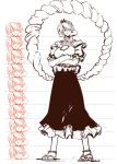 bad_anatomy bad_proportions crossed_arms large_breasts long_skirt monochrome skirt solo takana_shinno touhou yasaka_kanako