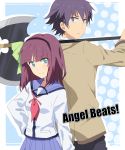 angel_beats! axe aya_(emo) back-to-back green_eyes hairband noda_(angel_beats!) purple_hair school_uniform serafuku short_hair violet_eyes weapon yuri_(angel_beats!) 