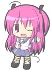 angel_beats! ankle_lace-up chibi cross cross-laced_footwear demon_tail fang long_hair open_mouth pink_eyes pink_hair rinechun school_uniform serafuku short_twintails solo tail thigh_strap twintails very_long_hair wink yui_(angel_beats!) 
