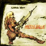  breasts cleavage gloves gun hair_over_eyes kenneth_loh metal_gear metal_gear_solid monochrome open_clothes open_jacket rifle sniper_rifle sniper_wolf solo squatting weapon 
