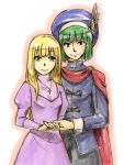  1girl blonde_hair cape couple cross dragon_quest dragon_quest_v dress green_eyes green_hair hat henry_(dq5) holding_hands jewelry long_hair maria_(dq5) maroxxtanaka necklace purple_eyes violet_eyes 