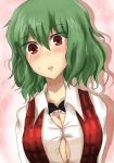  breasts bursting_breasts bust ginmoku_poshi green_hair head_tilt kazami_yuuka large_breasts plaid_vest poshi_(ginmokusei) red_eyes short_hair solo sweat touhou 