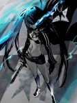  bikini_top black_rock_shooter black_rock_shooter_(character) boots breasts checkered checkered_floor cleavage cosplay dodai_shouji gloves glowing glowing_eyes highres jacket knee_boots long_hair midriff scar sheath sheathed shorts sho~taro solo standing sword twintails very_long_hair weapon 