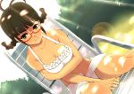  akizuki_ritsuko antenna_hair at bare_shoulders between_thighs bikini braid breast_hold breasts brown_eyes brown_hair cleavage dutch_angle frilled_swimsuit frills glasses halterneck idolmaster lens_flare lounge_chair red-framed_glasses sarong sitting solo swimsuit twin_braids 