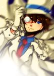 adjusting_hat blue_eyes blurry brown_hair cape detective_conan formal hat kaito_kid male monocle necktie smile solo top_hat 