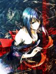  blue_eyes blue_hair butterfly japanese_clothes kimono looking_up seitsuji solo yumei 