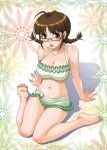  antenna_hair arm_support barefoot bikini braid breasts brown_eyes brown_hair cleavage collarbone feet glasses hida_tatsuo highres idolmaster large_breasts legs open_mouth sarong sitting solo swimsuit twin_braids wariza 