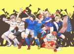  =_= america_(hetalia) axis_powers_hetalia censored convenient_censoring flag france_(hetalia) germany_(hetalia) horn_(instrument) japan_(hetalia) male natsuyon northern_italy_(hetalia) soccer soccer_uniform southern_italy_(hetalia) spain_(hetalia) sports_uniform sportswear united_kingdom_(hetalia) vuvuzela world_cup 