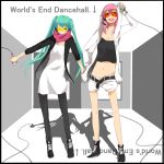  aqua_eyes aqua_hair ayase08 bad_anatomy belt casual hatsune_miku highres hoodie long_hair megurine_luka microphone multiple_girls navel pantyhose pink_hair pun2 shorts smile sunglasses twintails unbuttoned unzipped vocaloid wink world&#039;s_end_dancehall_(vocaloid) world's_end_dancehall_(vocaloid) 