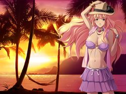  bikini_skirt blonde_hair blue_eyes bracelet breasts choker earrings evening hammock hand_on_hat harii_(pixiv) hat jewelry large_breasts long_hair macross macross_frontier navel necklace ocean palm_tree sheryl_nome solo sun sunset swimsuit tree wrist_cuffs 