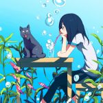  bad_id blue blue_hair bubble cat chair drinking fish glass kosa_k pants sitting straw surprise table underwater water 