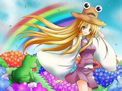  blonde_hair blush breasts facial_hair flower frog hand_in_hair hydrangea long_hair moriya_suwako mustache pyonta rainbow shin_osada smile solo touhou wide_sleeves yellow_eyes 