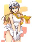  belt blonde_hair blue_eyes covering covering_crotch dress dress_lift dress_tug gloves goggles goggles_on_head helmet long_hair open_mouth scarf solo thighs white_dress white_gloves wind_lift 