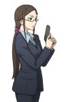  formal glasses gun kirihara_misaki pant_suit ponytail samtx solo suit trigger_discipline weapon 