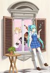  against_wall aqua_eyes aqua_hair digital_media_player drum flower getsumen grand_piano guitar hair_flower hair_ornament hatsune_miku headphones highres instrument legs long_hair musical_note necktie piano smile solo thigh-highs thighhighs twintails violin vocaloid white_legwear window zettai_ryouiki 