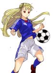  2010 2010_fifa_world_cup ball blonde_hair breasts bun_cover capcom capcom_fighting_evolution double_bun hairpods ingrid japan kimuchi long_hair navel playing_sports red_eyes shorts soccer soccer_ball soccer_uniform socks solo sport street_fighter telstar world_cup 